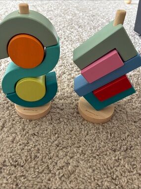 Wooden Stacking Shape Towers – Green, Teal, Pink, Blue, Orange, Yellow, Red